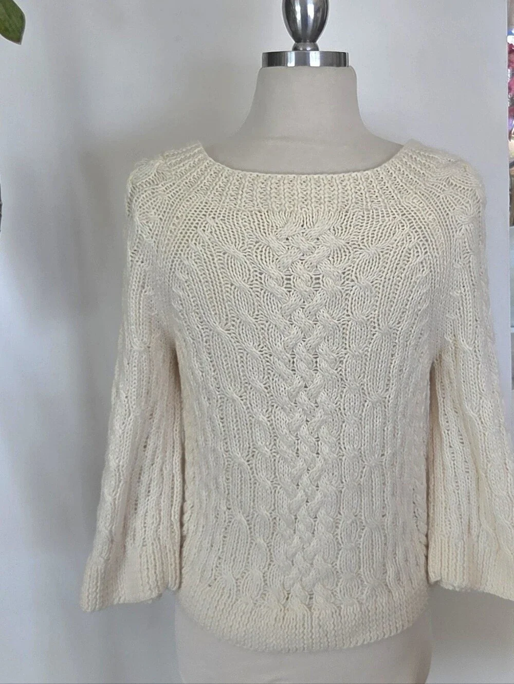 Michael Kors Wool Cable Knit Button Sweater Ivory Cardigan Boho Fall Chunky Knit
